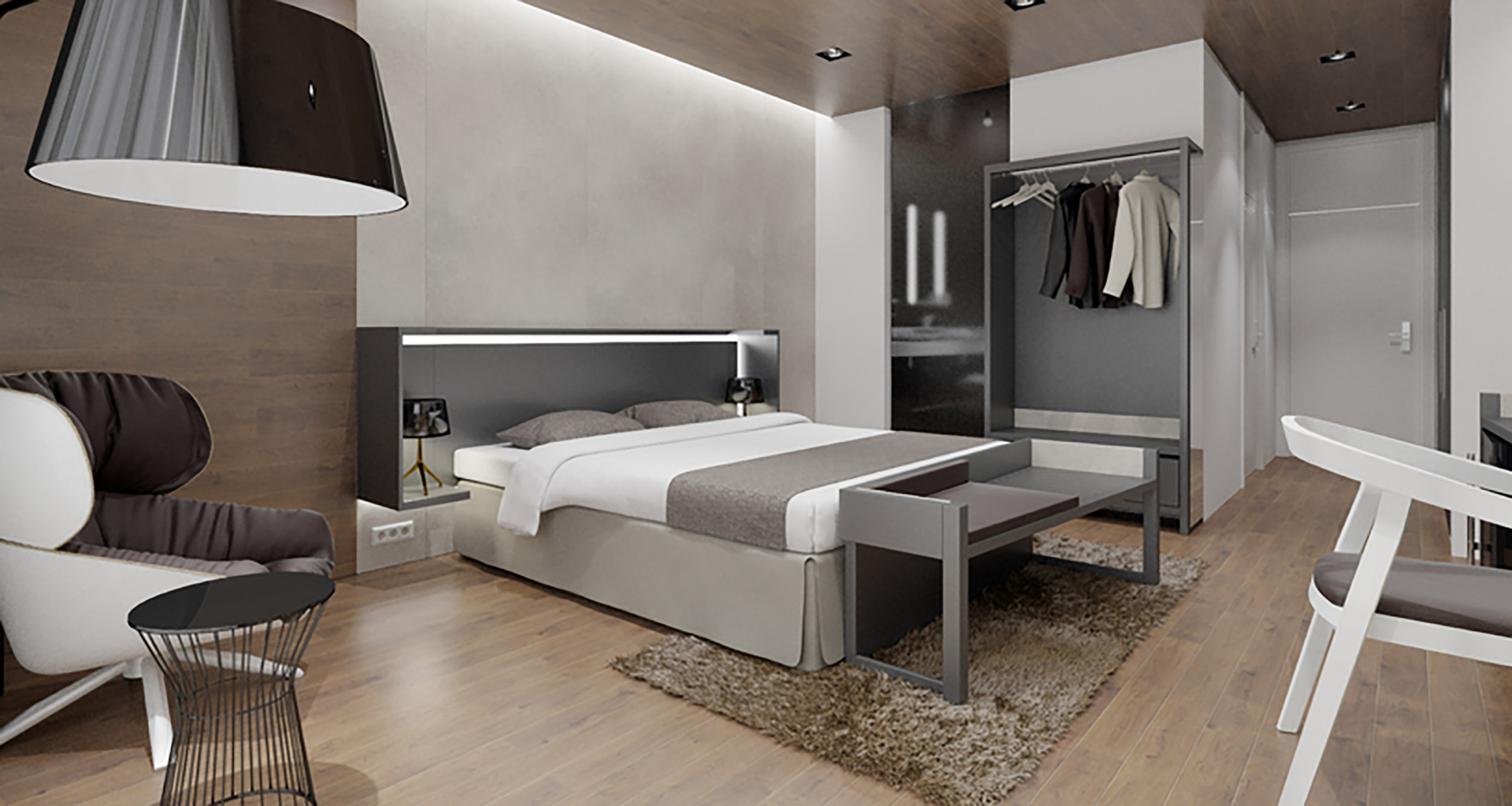 Tête de lit contemporaine, armoire, chevets intégrés